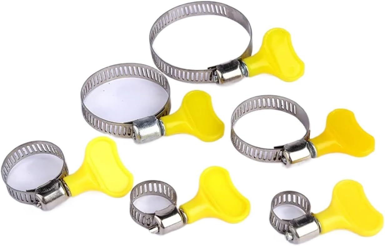 50Pcs 8-44mm Adjustable Yellow Plastic Handle Hand Twist Hose Clamps Driving Stainless Steel Pipe Clips(22-32mm)