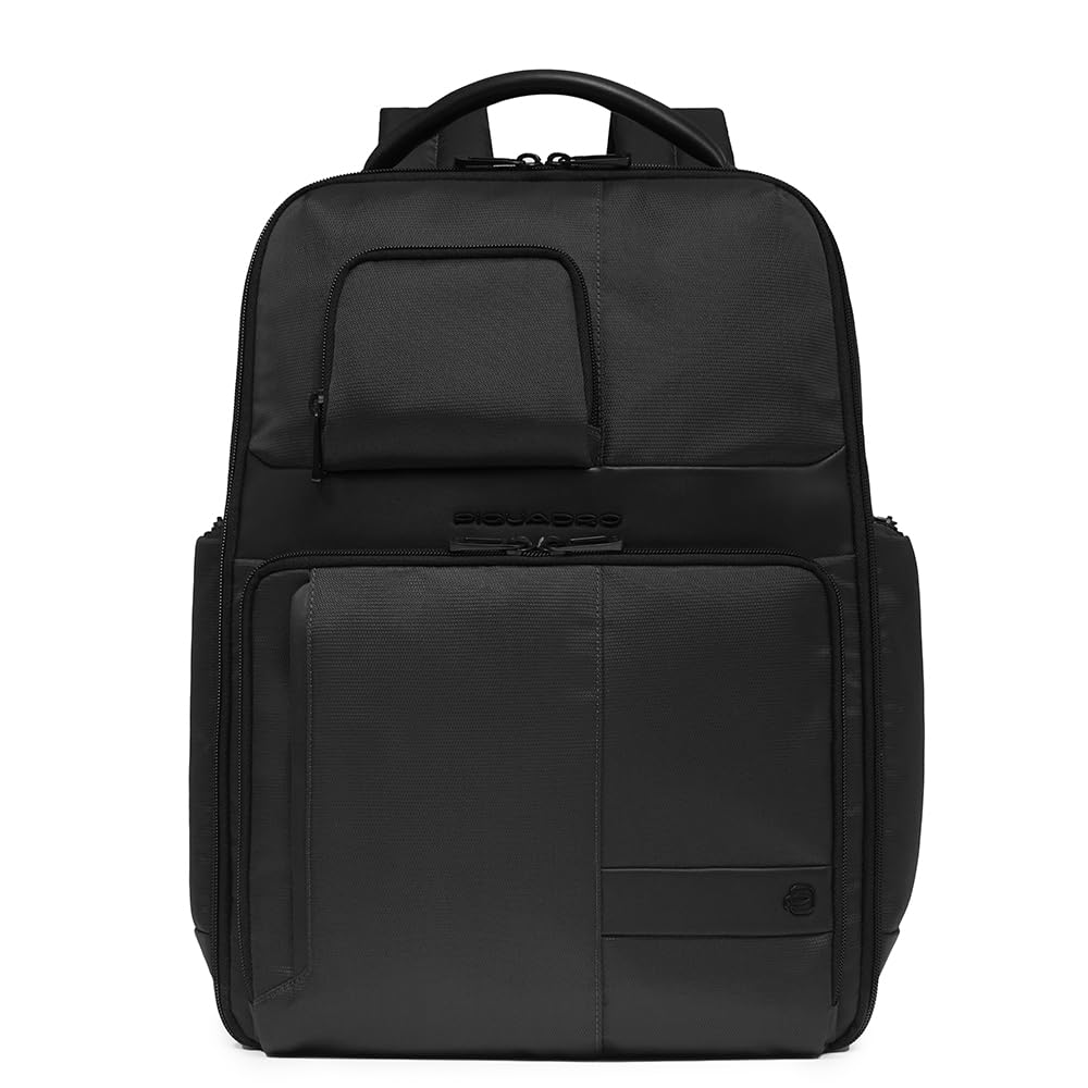 PIQUADRO - Zaino Porta PC 17" in Pelle e Tessuto Tecnico - Uomo - Nero | Aggancio per Trolley, Spallacci imbottiti, Ampio, Vani organizzati, Business, Viaggio, Uso Quotidiano