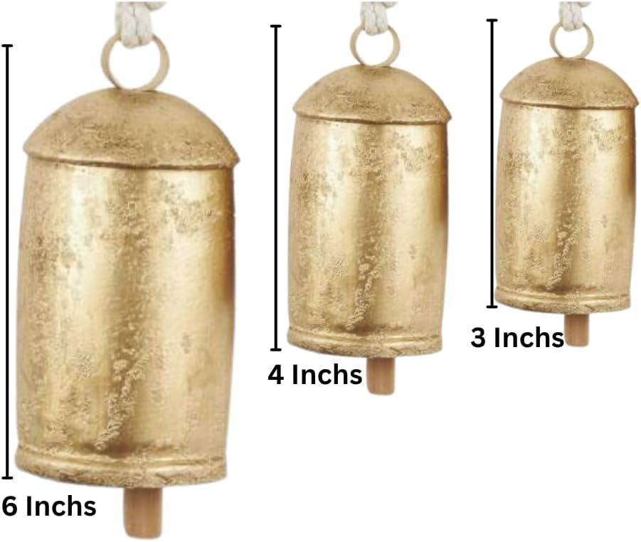 Set of 3 Large Giant Harmony Rustic Gold Christmas Bells for Decoration Perfect for Cow Bell, Door Hanging, Staircase, Wall Decorative Bells