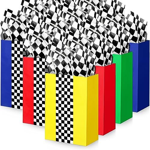 Glenmal 16 Pack Racing Car Gift Bags with Tissue Paper Bulk 8.3 x 5.9 x 3.1 Party Favor Bags with Handles Party Gift Goody Treat Candy Boxes for Racing Car Party Favors(Checkered)