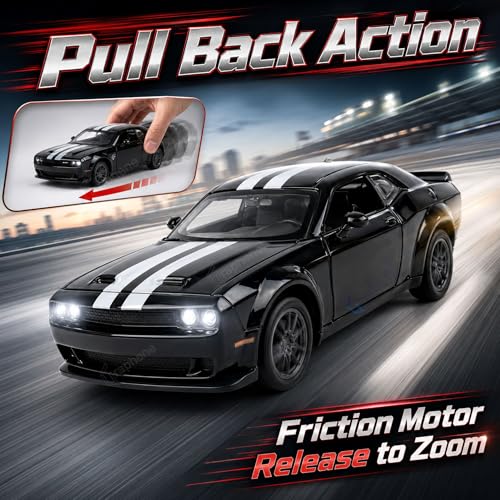 Image of GRAPHENE 1:32 Scale Metal Diecast Toy Car Black Challenger Muscle Sports Alloy Pull Back Car Toy with Music Openable Doors Light & Sound Miniature Action Racing Vehicle Gift for Kids Boys Girls Age+3