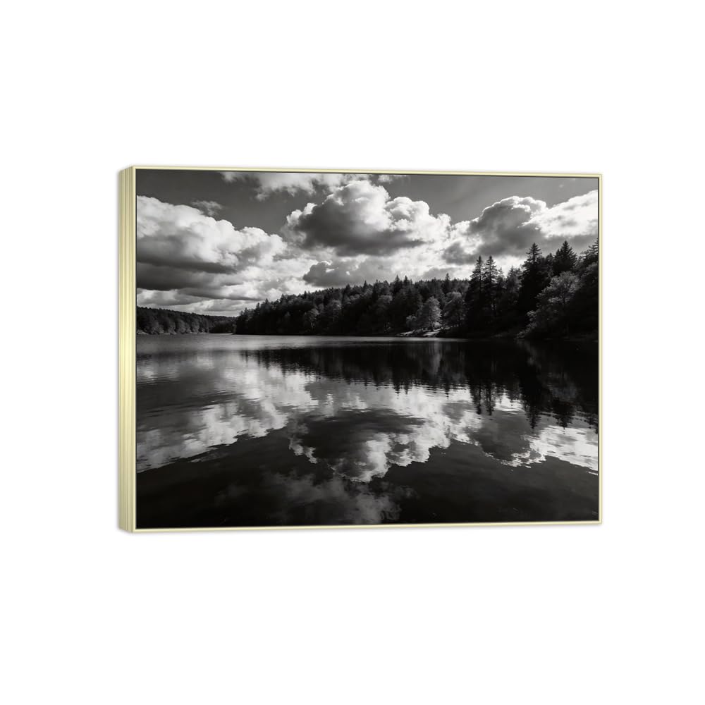 Lake Clouds 3 Black White Landscape Canvas Picture 90x117cm Silver Frame