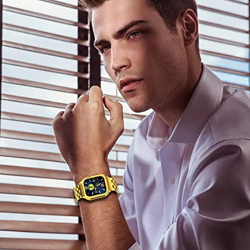 Image of SUPLINK Stainless Steel Case Bands Compatible with 46mm Apple Watch Band for Men, Metal Rugged Protective Bumper Case Adjustable Band for iWatch Apple Watch Series 10 /11 Bands, Gold