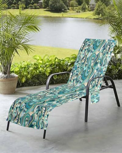 Ocean Waves Beach Chair Towel Covers for Chaise Lounge with Side Pocket, Soft Plush Pool Towels Cover for Patio Sunbathing Outdoor 29''x85'' Nautical Abstract Contemporary Summer Green