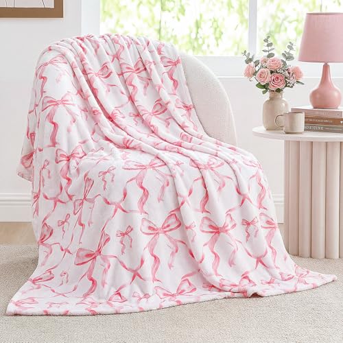 Buryeah Pink Bow Throw Blanket 50x60 Ultra Soft Flannel Coquette Aesthetic Blanket for Girls Women Preppy Room Decor for Bed Sofa Spring Wedding Mothers Day Graduation Back to School Gift