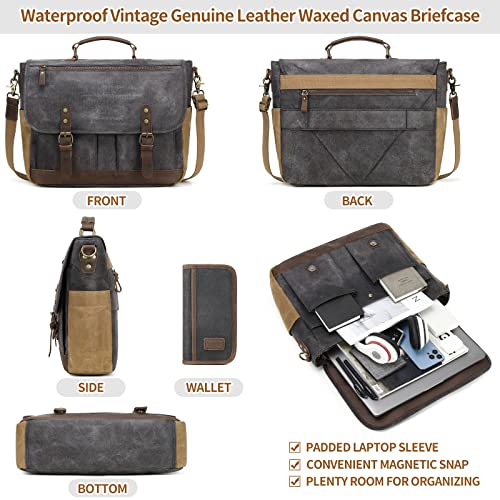 Wogarl Mens Messenger Bag 15.6 Inch Genuine Leather Waxed Canvas Computer Laptop Bag Briefcase Large Satchel Shoulder Bag With Leather Portfolio,Black #TOP2