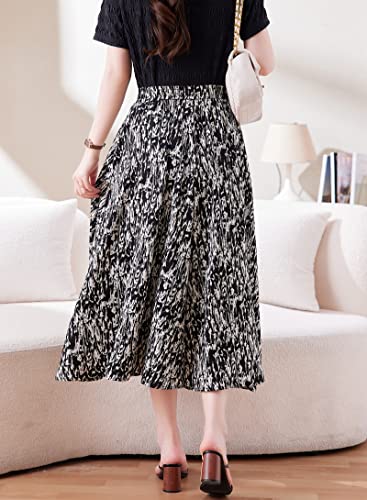 Womens Floral Pleated Skirt Elastic Waist A-line Printed Midi Skirts with Pockets2