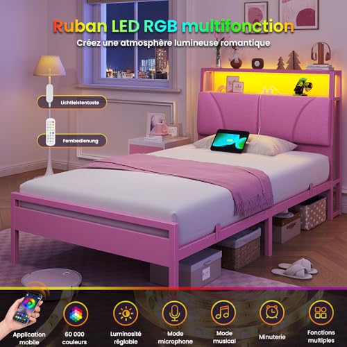 Lit 90x190 Fille Rose avec LED & USB Brinlawb