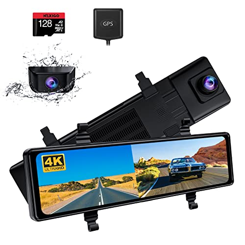 NexiGo D90 4K Mirror Dash Cam with Dual Sony Sensors, 12 Inch IPS Full Touch Split Screen, Super Night Vision, G-Sensor & Emergency Recording, GPS Tracking, Parking Monitor Assistance