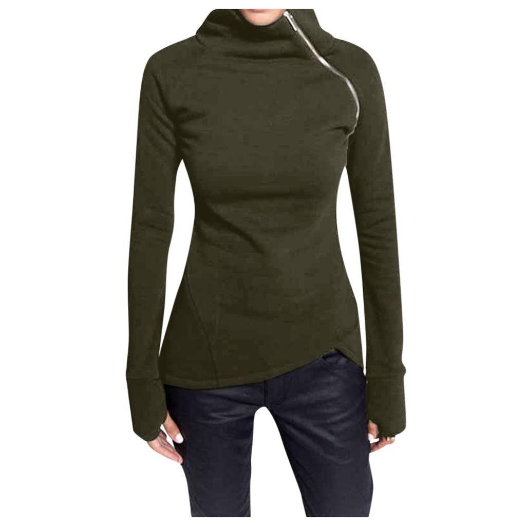 Xinantime Womens Casual Solid Blouse Long Sleeve Pullover Turtleneck Zipper Sweatshirt Tops