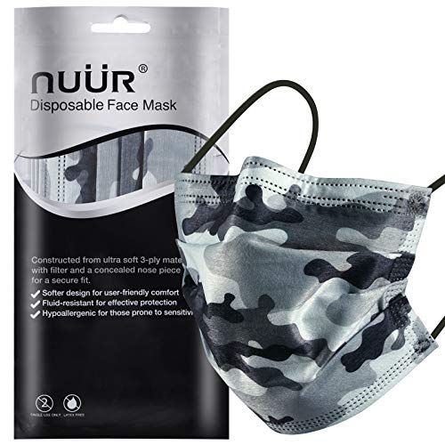 NUÜR Lot de 10 masques jetables camouflage 3 plis avec couche filtrante et boucle d'oreille élastique Cover