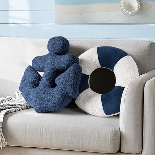 AELS 3D Anchor & Lifebuoy Nautical Throw Pillows, 19.6"& 15.7" Se...