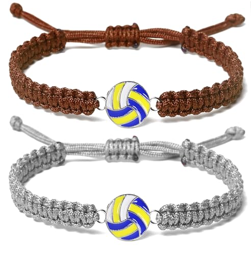 Lavoio Volleyball Charm Bracelets – Adjustable Woven Jewelry with Volleyball Charms Braided Rope Bracelets for Team Players Sports Accessories Friendship Gifts (Silver-gray Brown 2PCS)