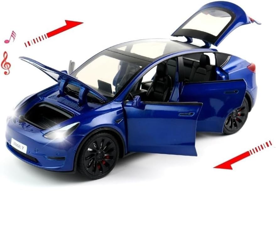 Image of Play Boy 1:24 Tesla Model Y Model Diecast Metal Alloy Pullback Toy Vehicle with Openable Doors Light and Music Car for Kids (Multicolor)