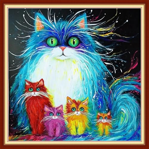 Image of Funxvoot Stamped Cross Stitch Kits for Beginners or Adults Embroidery Starter Patterns | DIY Printed Cross Stitch Kits Needlepoint for Adults or Kids 11CT-Colorful Cat 18x18 inch