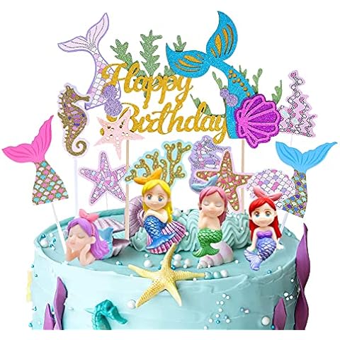 32 Pieces Mermaid Cake Topper, Mermaid Doll Cake Topper, Birthday Cake Topper Decoration Birthday Ocean Glitter Birthday Party Supplies for Girls Children's Birthday Cover