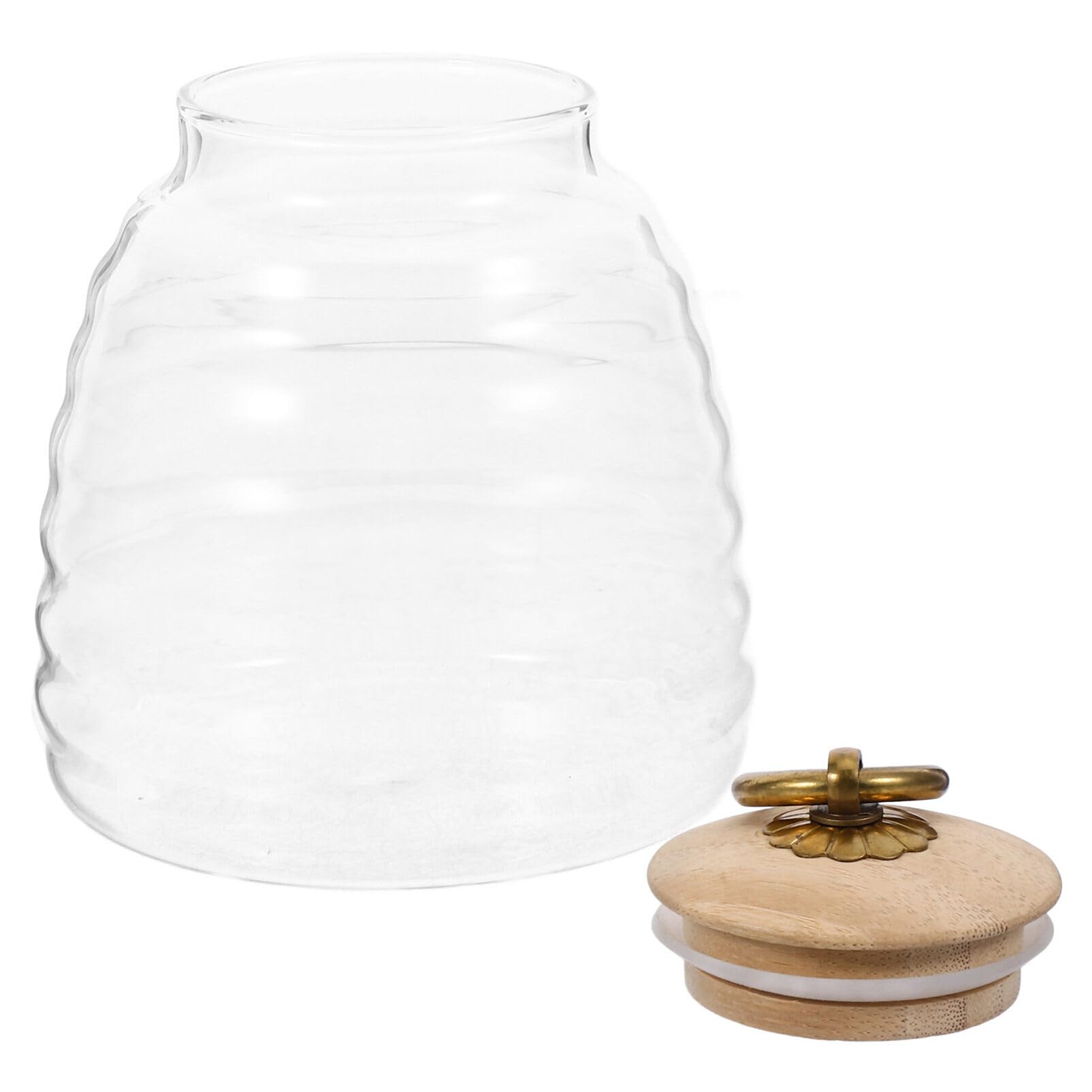 Cabilock Clear Glass Honey Jar with Bamboo Lid Farmhouse Honey Pot Kitchen Countertop Canisters Honey Container Jar Dispenser Holder for Home Kitchen
