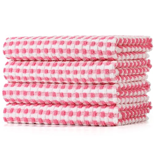 SALAS Cotton Dish Towels Cloths for Kitchen Drying Dishes, Lattice Terry Towels, Highly Absorbent Kitchen Cloths with Hanging Loop, 16‘’ x 26‘’, 4 Packs, Pink