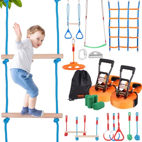 VEVOR Ninja Slackline Hindernisse Set 2 x 15,24 m Slacklines, 226,8 kg Tragkraft Ninja Hinderniskurs, Outdoor-Spielset-Ausrüstung, Hinterhofspielzeug-Trainingsausrüstungsset mit 12 Hindernissen