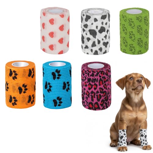 Image of Qpets Self-Adhesive Pet Bandage, Waterproof Anti-Lick Wound Wrap 6 Rolls | Non-Woven Stretchy Material, No Clips Needed, Gentle on Fur, Cute Cartoon Print, 7.5cm x 4.5m per Roll.