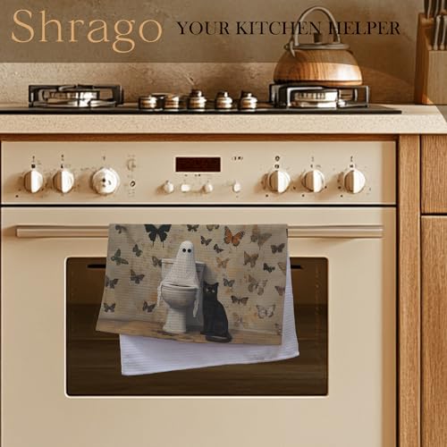 Image of Vintage Halloween Ghost Black Cat Bathroom Hand Towels, Halloween Bathroom Decor, Dark Cottagecore Butterfly Ghost Black Cat Decorative Hand Towels for Bath Room Washroom, 16x24 Inch