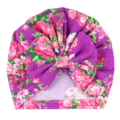 Image of BabyMoon Beanie Floral Bow Baby Boy's & Girl's Cap Kids | Toddler Infant Hat | Purple | 6-48 Months