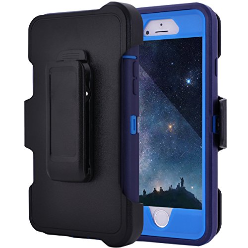 MAXCURY Hybrid Rubber Plastic Impact Defender Rugged Hard Case with Built-in Screen Protector and Belt Clip Holster Compatible for iPhone 6 and iPhone 6s Case (Navy/Blue & Clip)