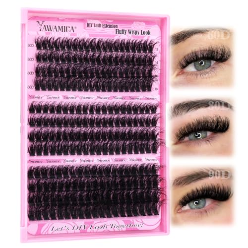 Yawamica Fluffy Lash Clusters Thick 200D Volume Eyelash Clusters 14-20mm Wispy Individual Lashes D Curly Cluster Eyelash Extensions 240pcs DIY Lash Extension for Beginners