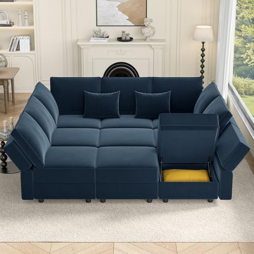 Vesgantti Modular Sofa Bed with Storage, 92" Sleeper Sofas with 9 Seats Storage Chaises Removeble Cover, Luxury Large Velvet Sectional Couch Set for Living Room, Apartment, Home Theatre, Blue