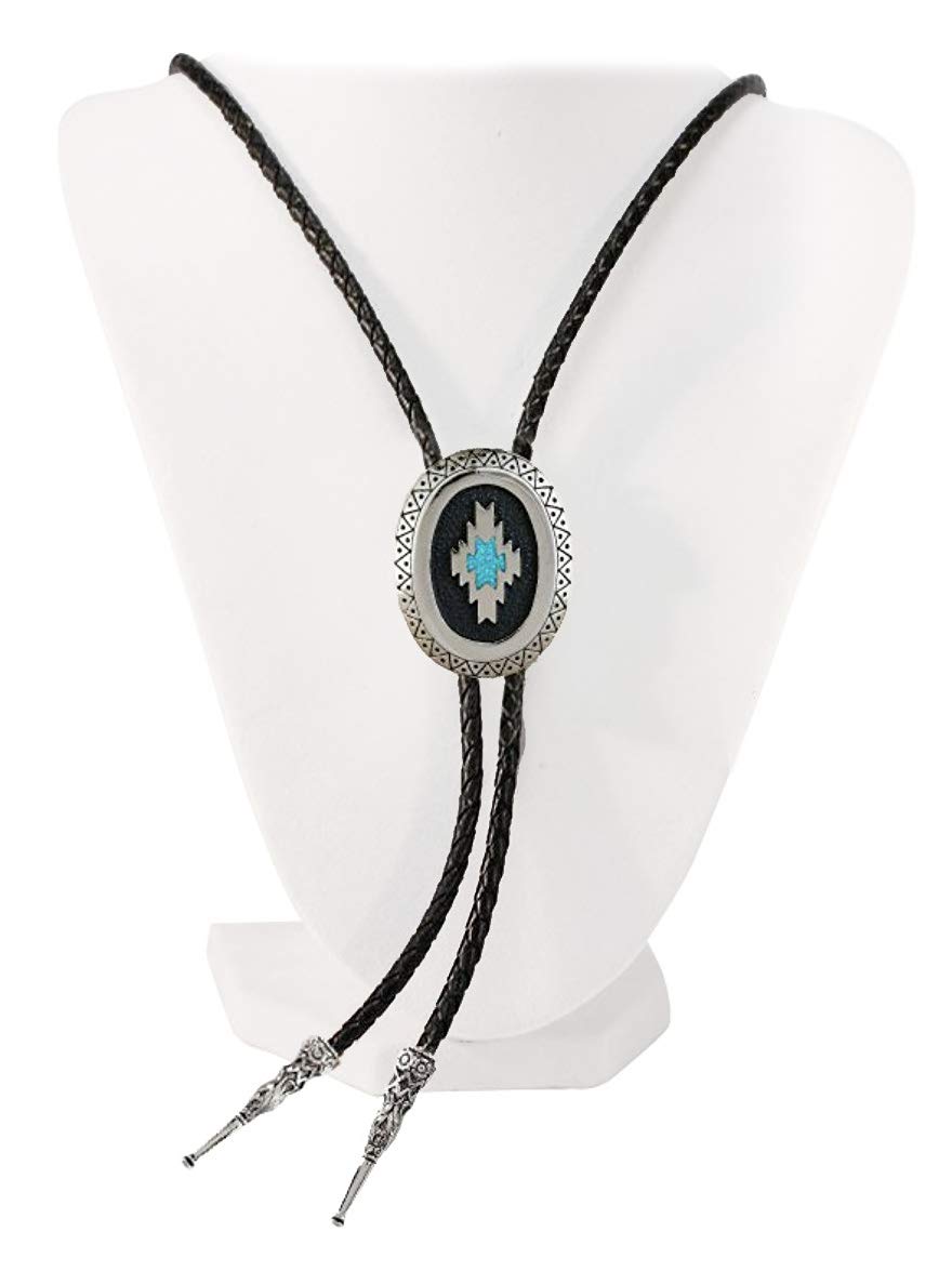 Men's Western Bolo Tie Turquoise Inlaid Aztec with Black Leatherette - 18 inch hang