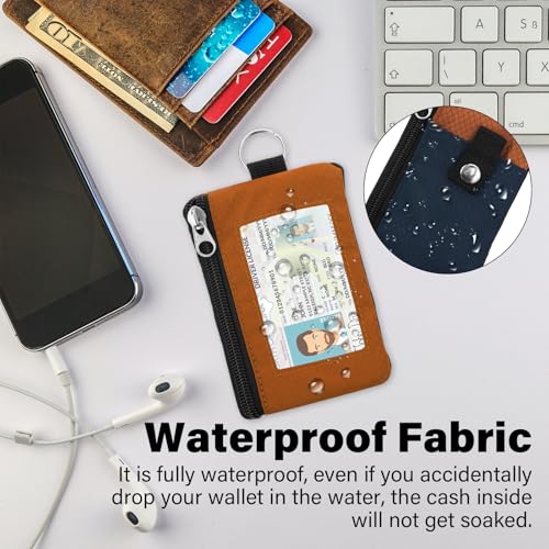 Image of Minimalist RFID Wallet with Lanyard, Multi-functional ID Case with 2 Zipper Pockets and Key Chain for Men and Women, Tactical Badge Pouch Cards Holder, Coin Purse for Travel Sports - Orange&Blue