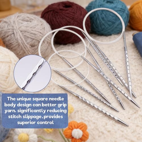 Image of BsHooker Interchangeable Knitting Needles Set with Case,8 Pairs Square Aluminum Circular Knitting Needles with 4 Cable,Ergonomic Needles Kit 3.5mm-8mm