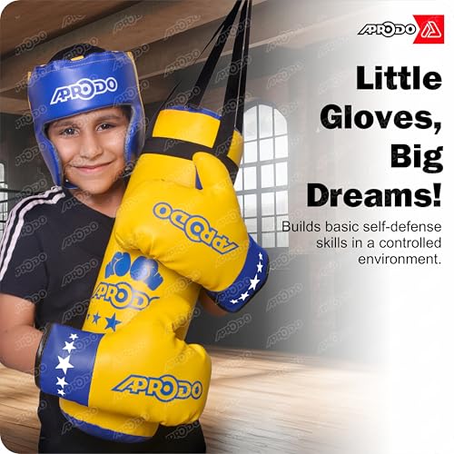 Image of Aprodo Pack of 4 Kids Boxing Kit Set | Punching Bag for Karate | Bounce-Back Martial Arts Bag for Boys & Girls for Age 3 4 5 6 7 8 Years to Relieve Energy and Build Skills (Yellow-Blue)