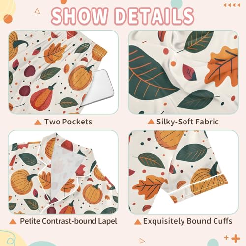 Autumn Leaves Pumpkin Pajamas Set Soft Satin Pjs Sets 2 Piece Short Sleeve Sleepwear Casual Loungewear3