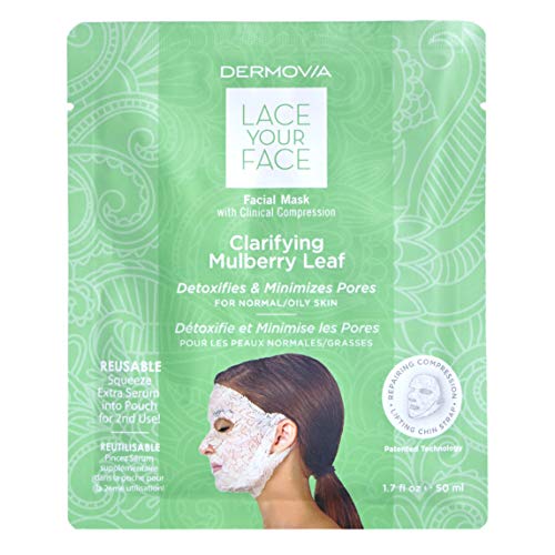 LACE YOUR FACE Patented Compression Facial Mask, AS SEEN ON SHARK TANK, Reusable Biodegradable Cotton Anti Aging Skin Care, Clarifying Mulberry, Single