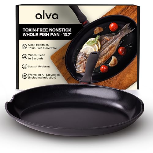 Comparison: Best Pan For Cooking Fish 4 Alva Energy 13.7" Ceramic Oval Fish Pan – PFAS & PTFE-Free Nonstick with Pour Spouts – Perfect for Whole Fish, Salmon & Seafood – Induction Compatible, Stay-Cool Handle, Easy to Clean