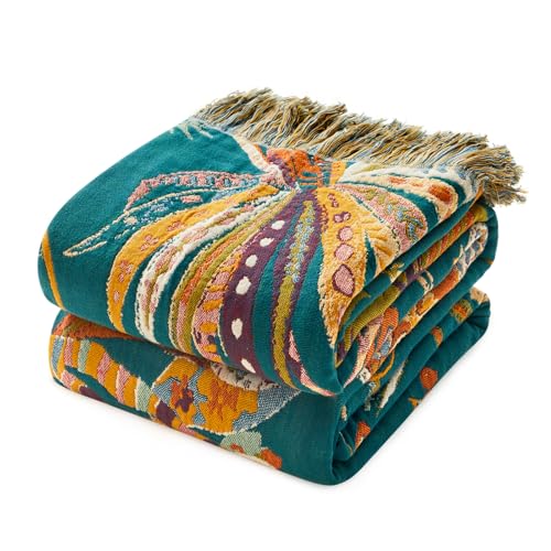 Image of MSGKV Boho Throw Blanket 60 inchx80 inch 100% Cotton Floral Muslin Blanket for Sofa