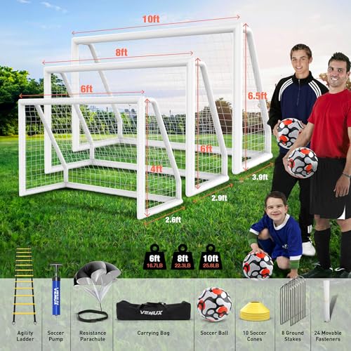 VENUX Soccer Goal for Backyard 10×6.5 8×6 and 6×4 FT Weatherproof UPVC Soccer Net, Complete Soccer Set with 600D Carry Bag, 1 Ball & Agility Training Set Included Soccer Goal for Kids & Adults