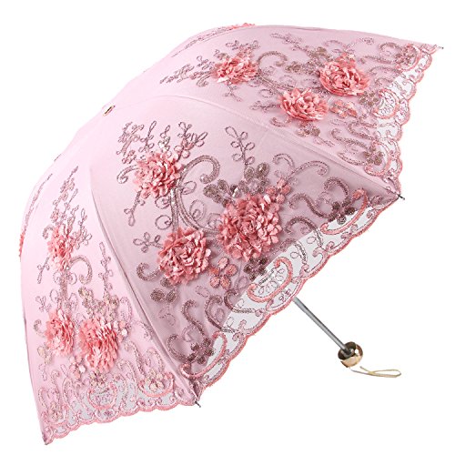 Honeystore Vintage Lace UV Sun Parasol Folding 3D Flower Embroidery Umbrella H1620 Pink
