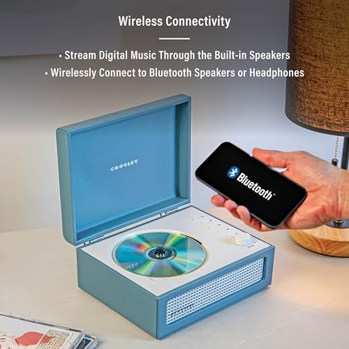Image of Crosley CR3517A-WB Voyager Retro Portable CD Player with Stereo Bluetooth Speakers and FM Radio, Washed Blue