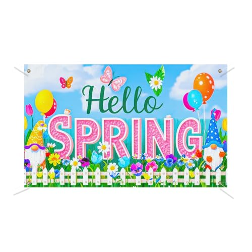BlissYard Spring Flag Hello Spring Banner Gnome Balloons Flowers Backdrop and Fence Background for Outdoor and Indoor Spring Decorations Photography Banner Porch Garden Wall 71x43 Inch