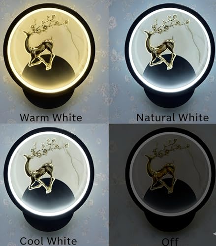 Image of Modern LED Wall Lamp-2 Round Deer Design | Metal Decorative Wall Light for Living Room, Bedroom, Home Decor | Energy-Efficient LED | 3 Color Modes- Warm White, Natural White & Cool White