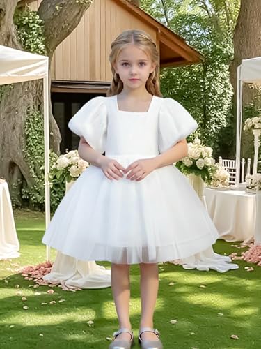 Tutu.kk Toddler Girls Tulle Dress Puff Short Sleeve Square Neck Flower Girl Dress for Birthday Party4
