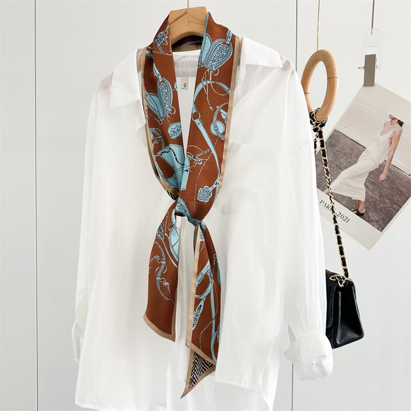 100% Mulberry Silk Scarf for Women - Luxury Long Skinny Neckerchief with Vintage Print, Lightweight Fashion Accessory for Office, Party, or Travel4