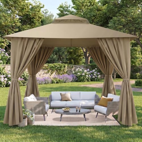 Image of COBIZI 10x10 FT Outdoor Gazebo, Soft Top Patio Gazebo with Ventilated Double-Tier Roof, Heavy-Duty Metal Frame Canopy with Removable Privacy Curtains for Backyard, Garden, Lawn, Khaki