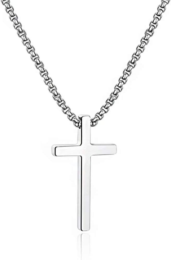 Cross Necklace for Men Teen Boys, Silver Black Gold Stainless Steel Plain Cross Pendant Necklace Box Chain 16-30 Inch
