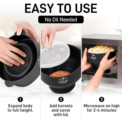 Image of Zulay Microwave Popcorn Popper Bowl Maker with Lid - Collapsible, BPA-Free Silicone, Dishwasher Safe, Wide Spacious Size, No Oil Needed - Family Movie Night Supplies - Black