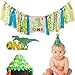 Vansolinne Dinosaur Theme 1st Birthday Decorations Kit Set of 3- One Burlap High Chair Banner- Baby Dino Cake Smash Party Supplies- Glitter Green Felt 1st Birthday Hat- T-Rex Cake Topper