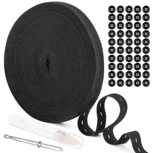 30 M Goma Elastica Costura, Cinta Elastica Costura Plana, 20mm Bandas Elásticas Con Ojal Negra, Banda Elástica Con 50 Botones Para Diy Costura, Pantalones Ropa, Manualidades