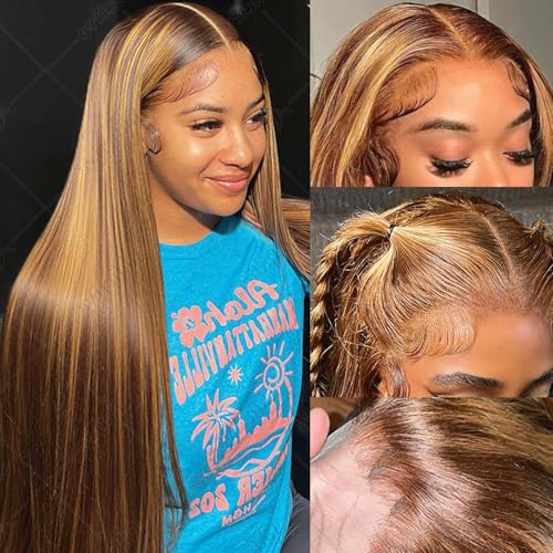 Image of LETMIEO 24 inch Ombre Lace Front Wig Human Hair 13x6 HD Straight Highlight Wig Human Hair 180% Density 4 /27 Colored Honey Blonde Lace Frontal Wigs For Women Glueless Pre Plucked with Baby Hair